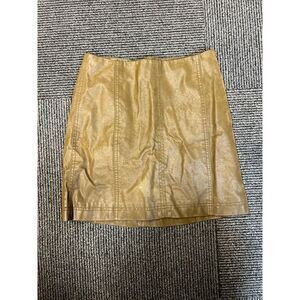 Free People Gold Mustard Faux Leather Mini Skirt w/ Side Zipper Party Club Wear